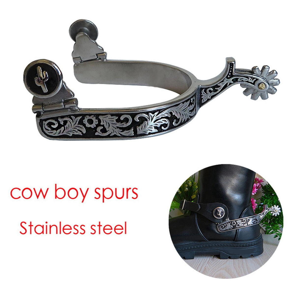 Une botte de cowboy en acier inoxydable argenté avec des volutes décoratives et un bottin en cuir noir, montrée en contexte.