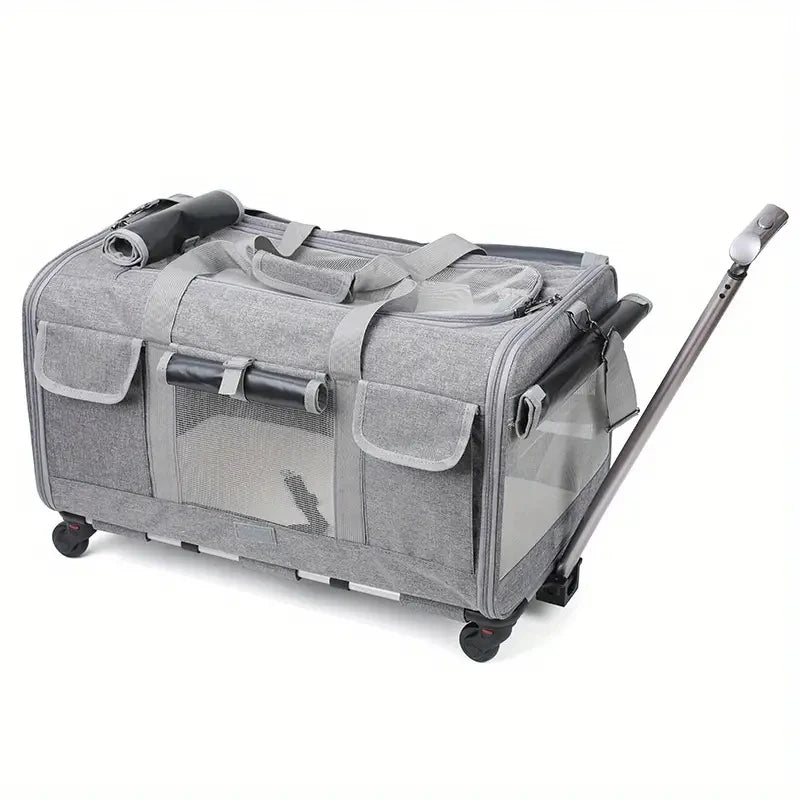 Transport portable pour animaux de compagnie gris extra-large avec poignée et tige télescopique.