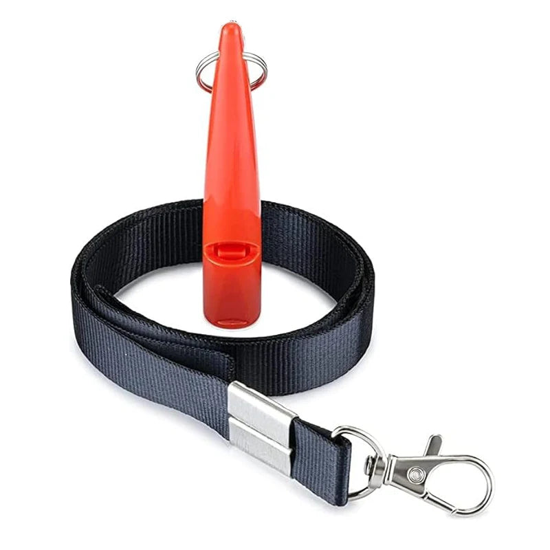 An orange ultrasonic dog training whistle attached to a black lanyard.