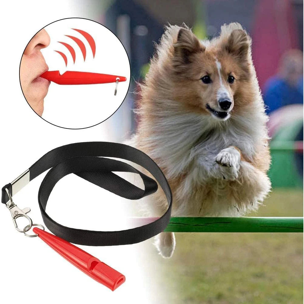 A fluffy dog is shown next to an inset demonstrating an ultrasonic dog training whistle and lanyard.