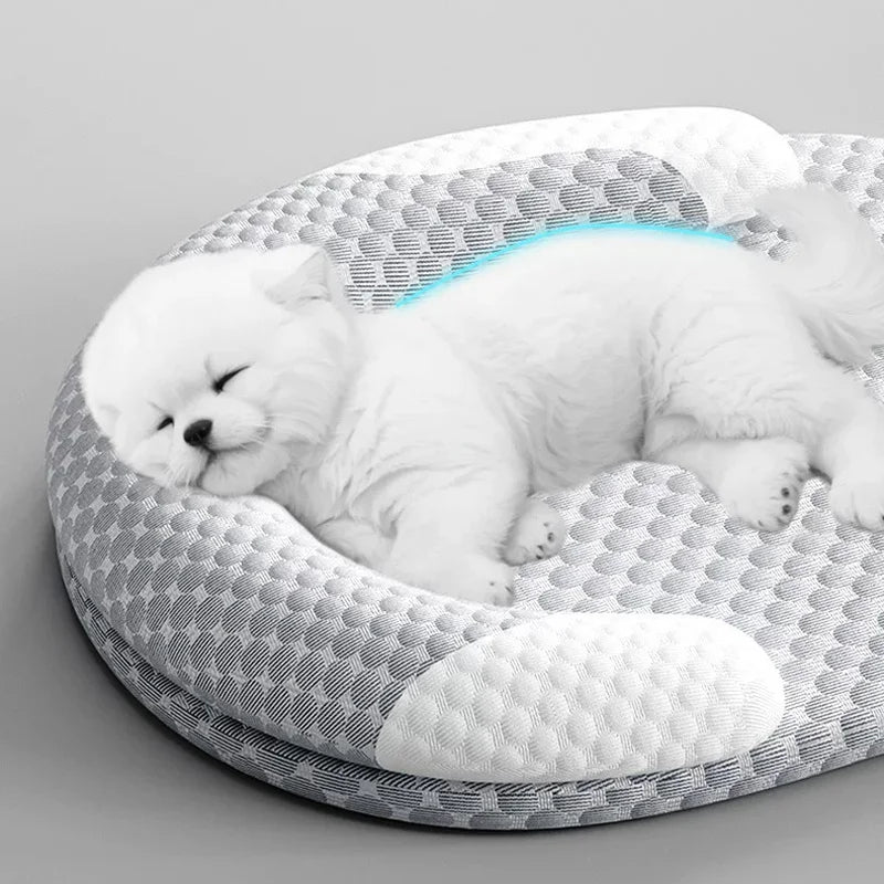 A white fluffy cat is resting comfortably in a breathable cooling cat bed with neck support.