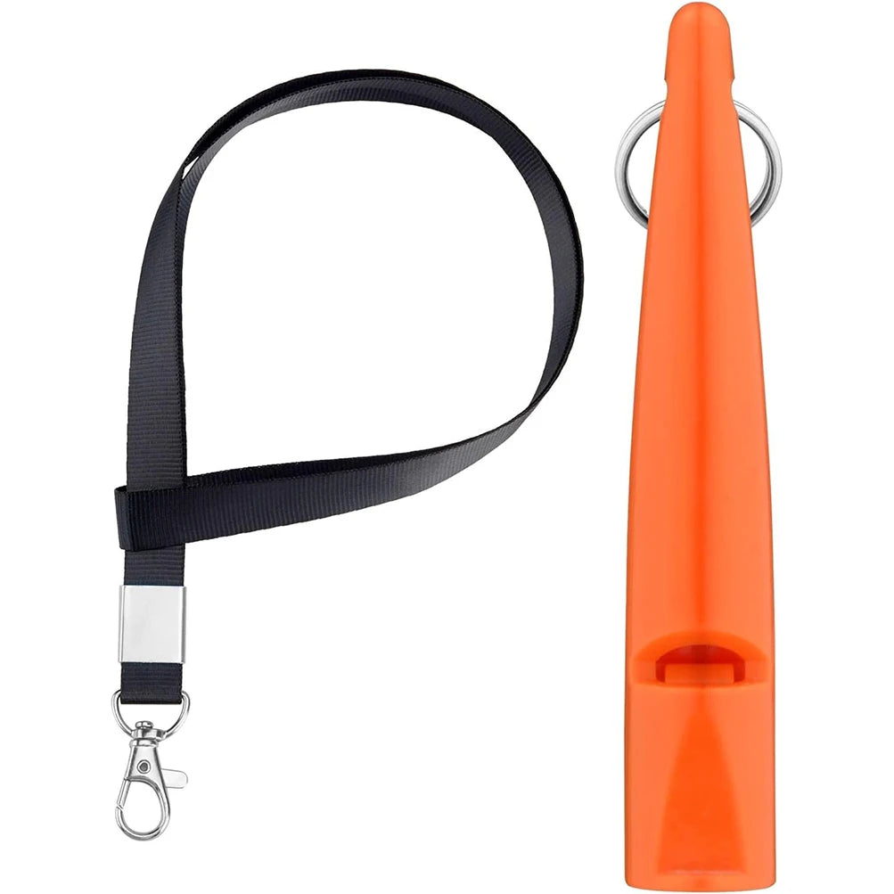 Orange ultrasonic dog training whistle with a black lanyard and metal clip.