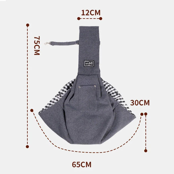 A gray portable pet carrier sling bag for cats and small dogs shown with dimensions.