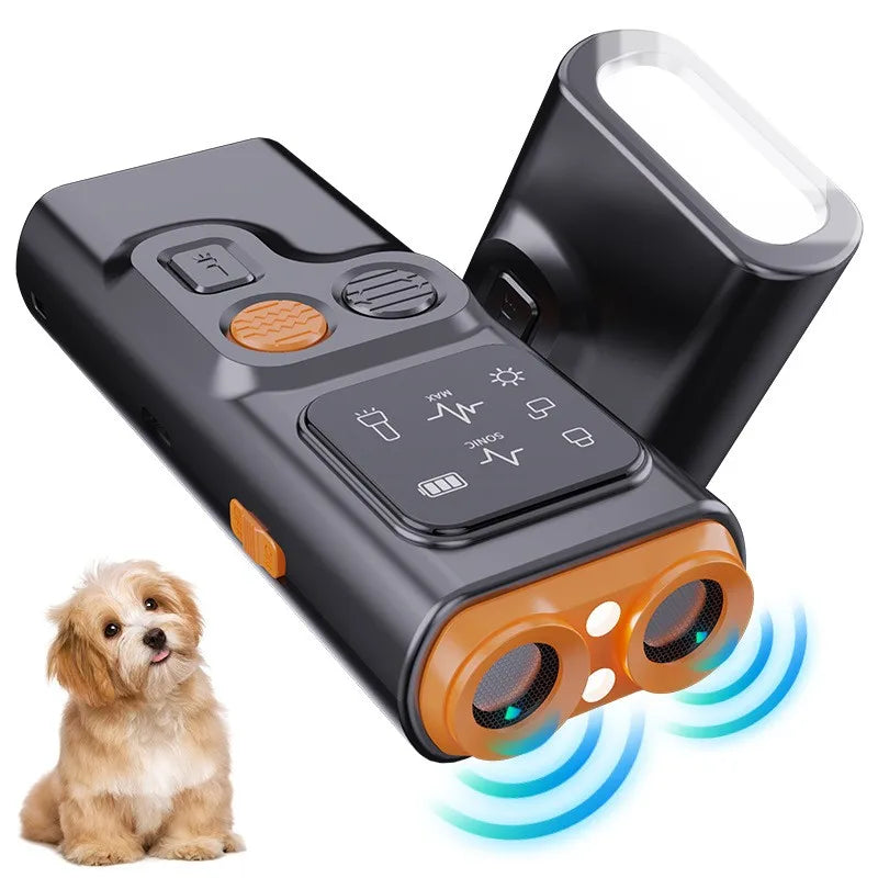 A black ultrasonic dog repeller device is shown next to a golden dog, demonstrating its use for bark control.