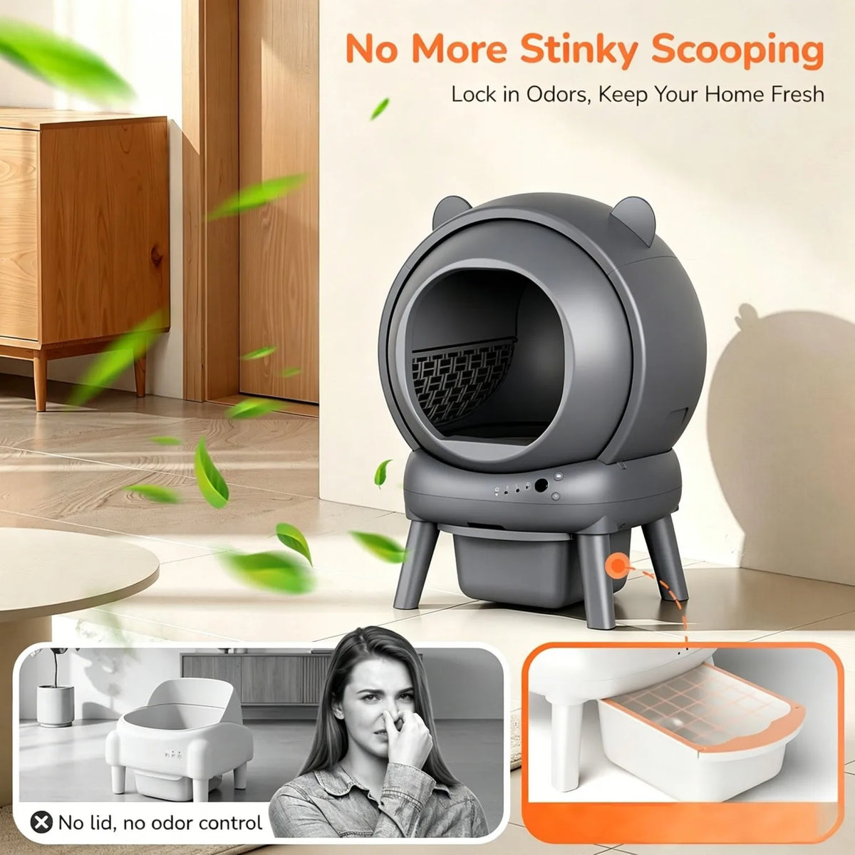 A gray automatic self-cleaning cat litter box is shown next to a toilet, with text promoting odor control.