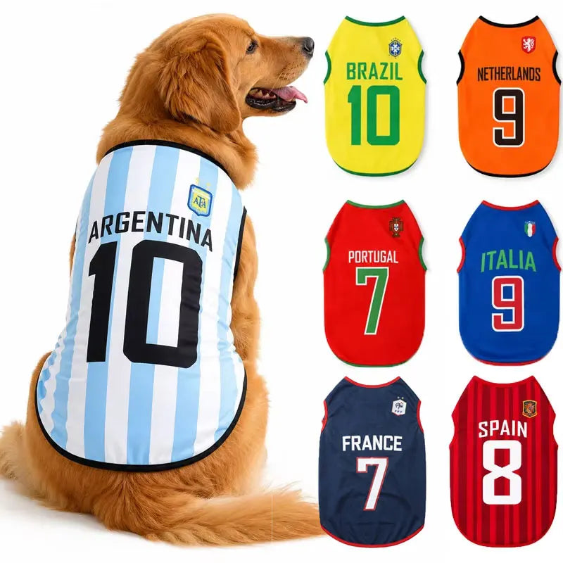Un chien doré portant un gilet avec les maillots des équipes nationales d'Argentine, Brésil, Portugal, Italie, France et Espa