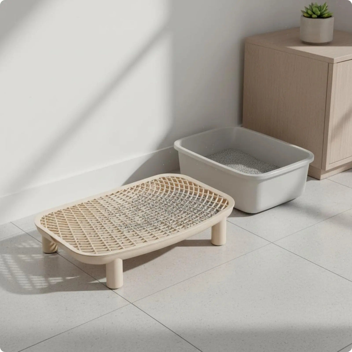 A light wood smart cat litter box with a mesh top sits on a floor next to a large white storage box.