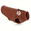 A brown fleece dog sweater with a black zipper and a white paw print logo.