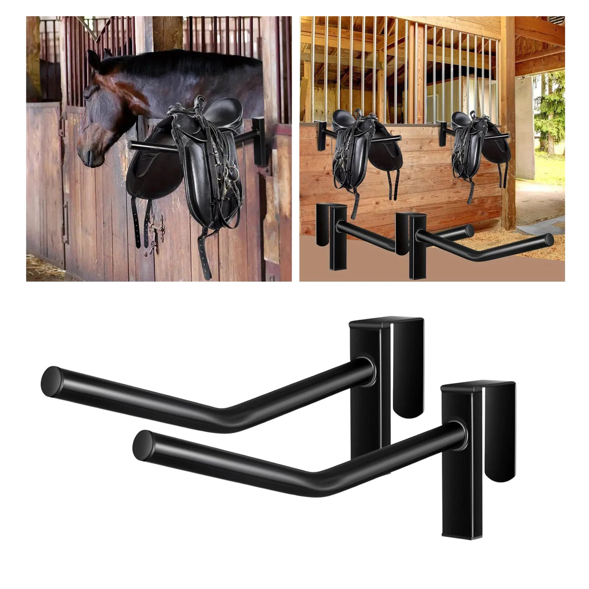 Silla de montar de dos piezas negra para pared con sillas de cuero sobre fondo de madera
