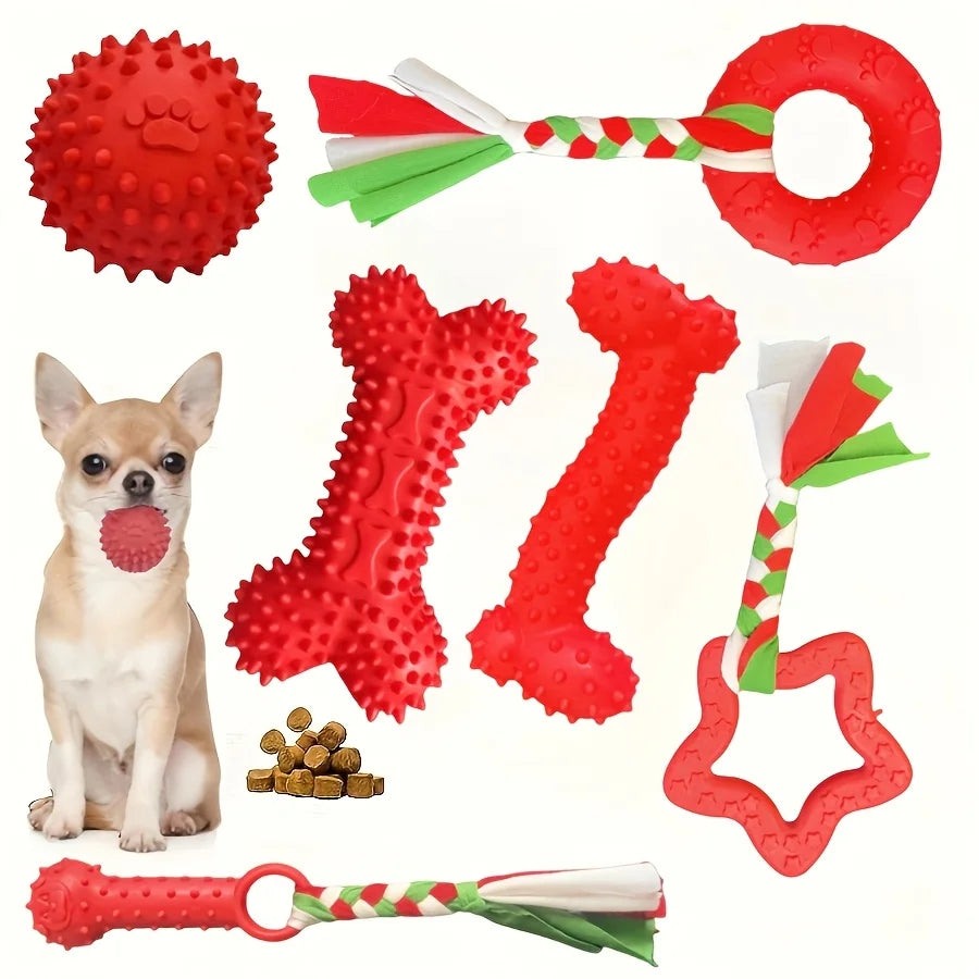 Set langlebige rote und grüne Kauzack für Welpen, inklusive Ball, Knochen und Ring.