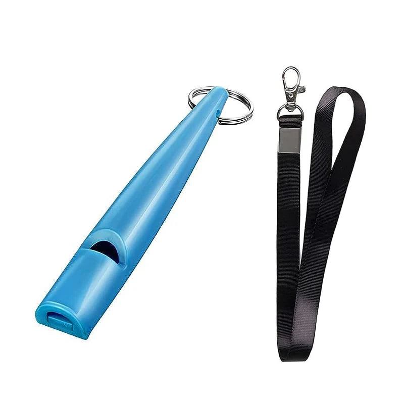 A bright blue ultrasonic dog training whistle attached to a black lanyard.
