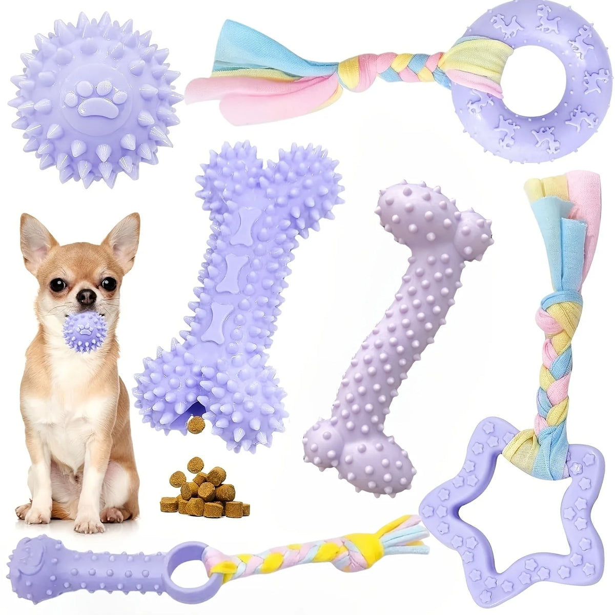 Langlebiges Spielzeugset in Lila und Gelb für Welpen mit Knochen, Quietschespielzeug und geflochtenem Seilspielzeug.