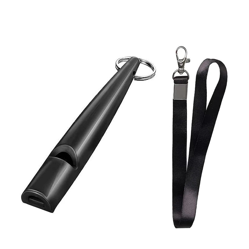 Black ultrasonic dog training whistle with a metal clip and black lanyard