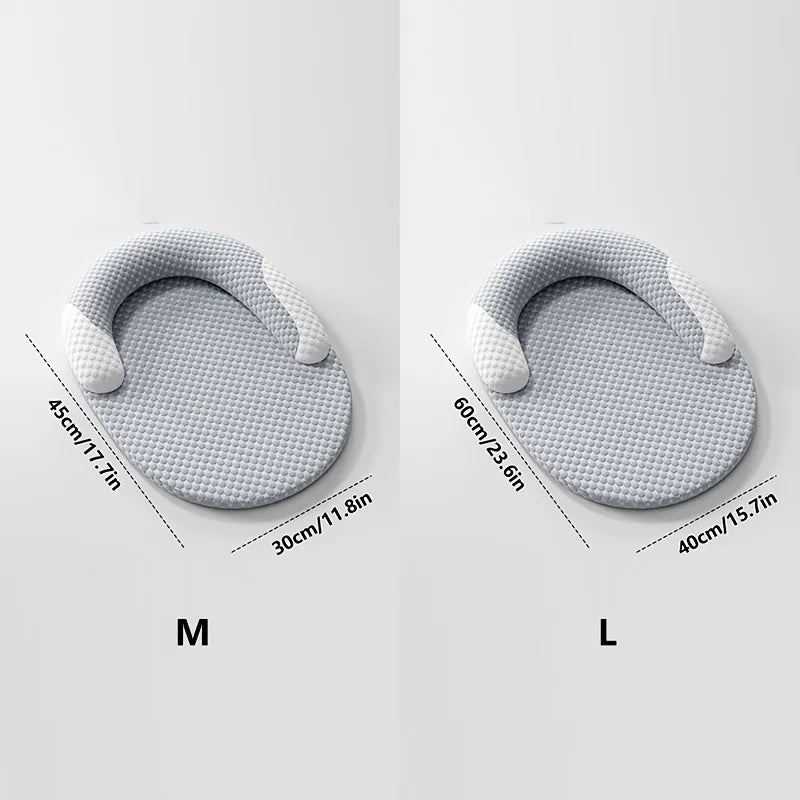 Two sizes of a breathable cooling cat bed with neck support, labeled M and L.