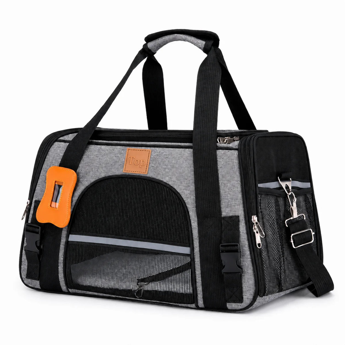 A gray and black breathable mesh pet carrier bag with black straps and an orange accent.