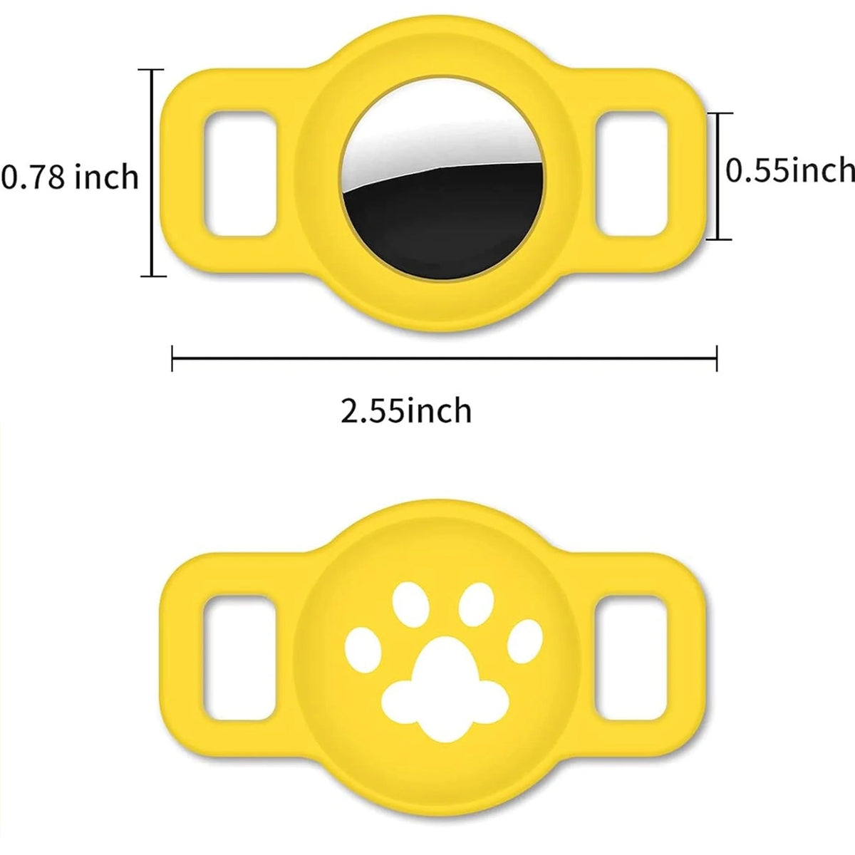 Yellow silicone collar holder with a circular opening for an AirTag, measuring 2.55 inches long.
