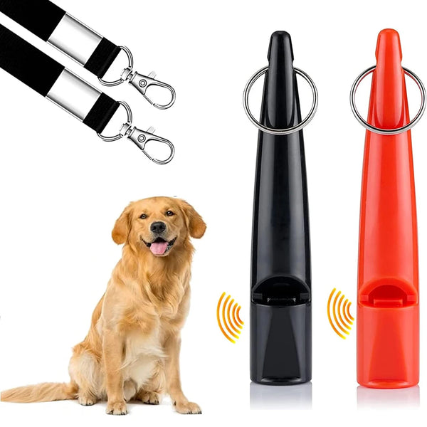 An orange ultrasonic dog training whistle with a black lanyard next to a golden retriever.
