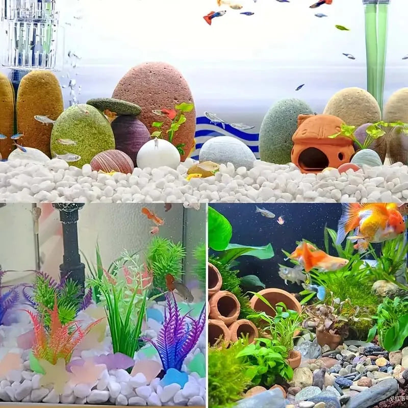 A collection of natural white pebbles and various sized, textured, and colored stones for plants and landscaping.