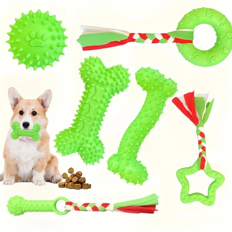 Set aus grünen, strapazierfähigen Kauzügen für Welpen, darunter Ball-, Knochen- und Ringformen.