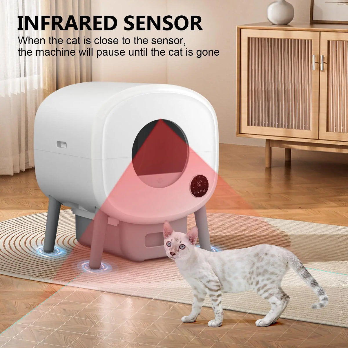 A white infrared sensor device is positioned on the floor near a cat, demonstrating its proximity sensing function.