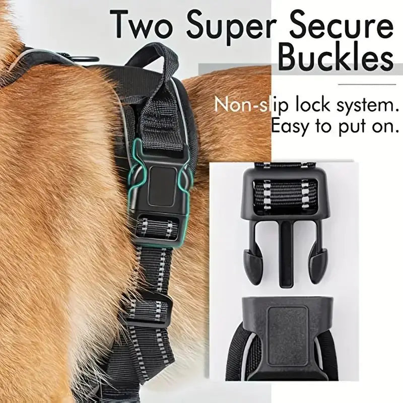 Two super secure buckles on a black dog harness with a reflective padded vest.