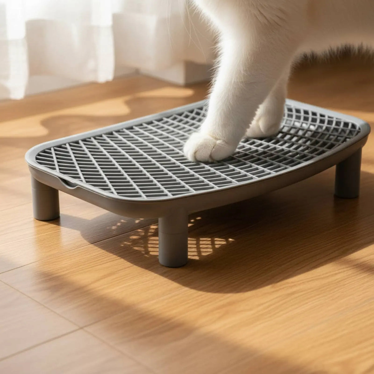 A white cat's paw steps onto a gray, perforated litter box mat on a wooden floor.