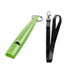 A bright green ultrasonic dog training whistle attached to a black lanyard.
