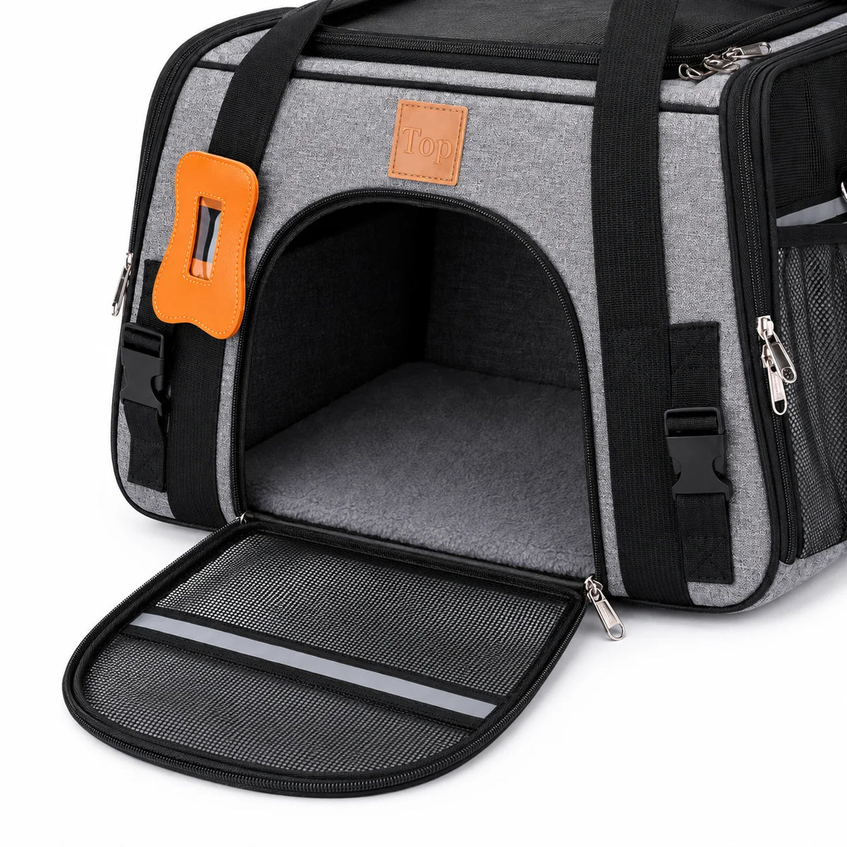 A gray breathable mesh pet carrier with an orange flap and black trim, shown open.