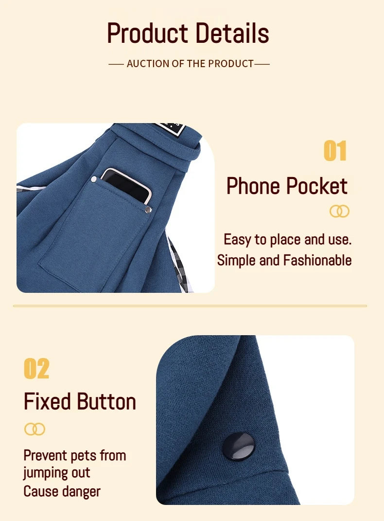 Close-up view of a navy blue portable pet carrier sling bag showing a phone pocket and a fixed button detail.