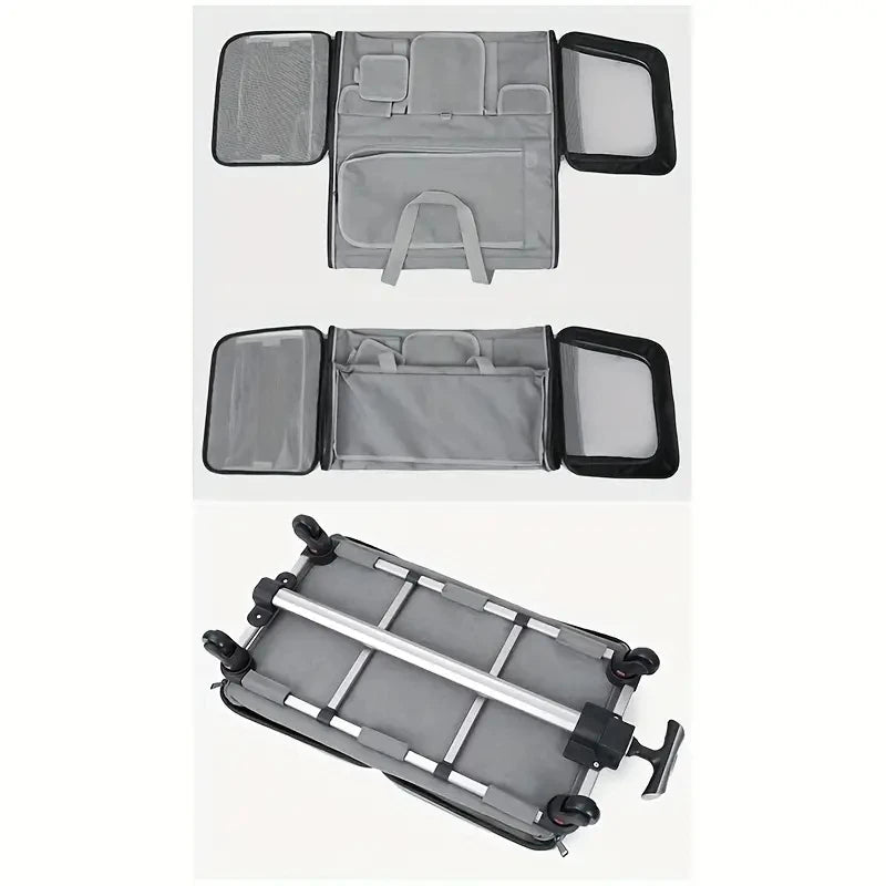 Un transporteur portable pour animaux avec une conception en tissu gris, montré sous plusieurs angles.