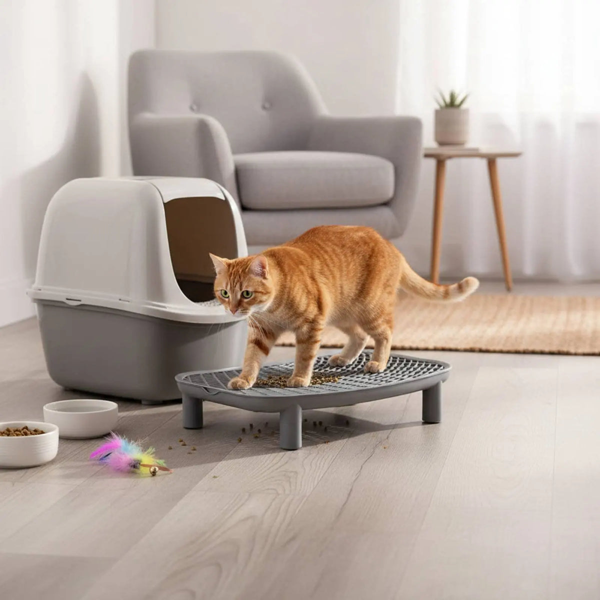 An orange tabby cat is using a gray smart litter box for elimination on a wooden floor.