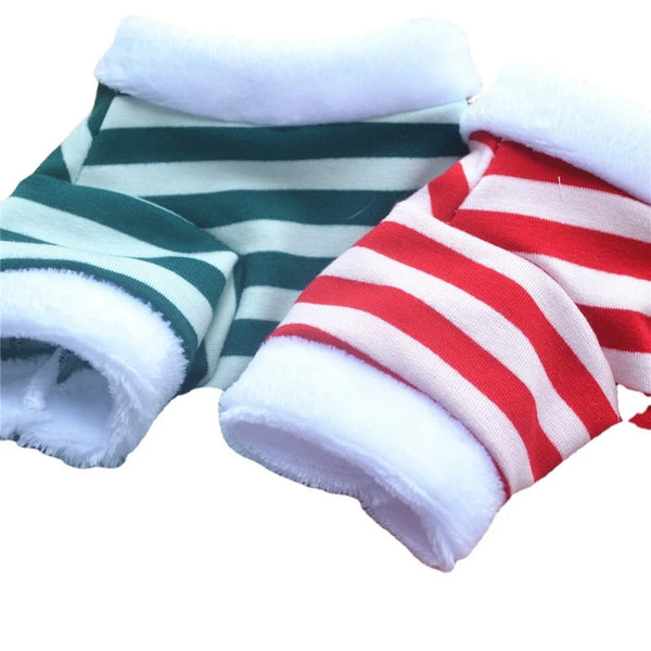 A close-up of a holiday striped letter print pet sweatshirt featuring green and white stripes with white trim.