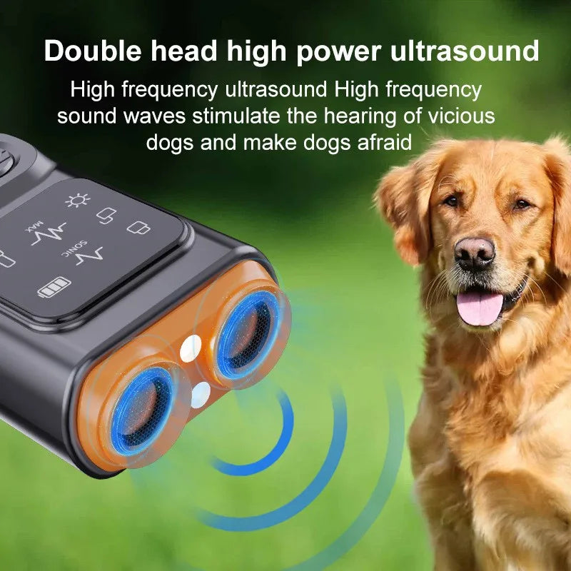 A dog is shown next to a handheld ultrasonic device used for dog repelling and training.