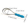 A silver and blue expandable dual-sided grooming comb for horses and pets shown with various measurements.