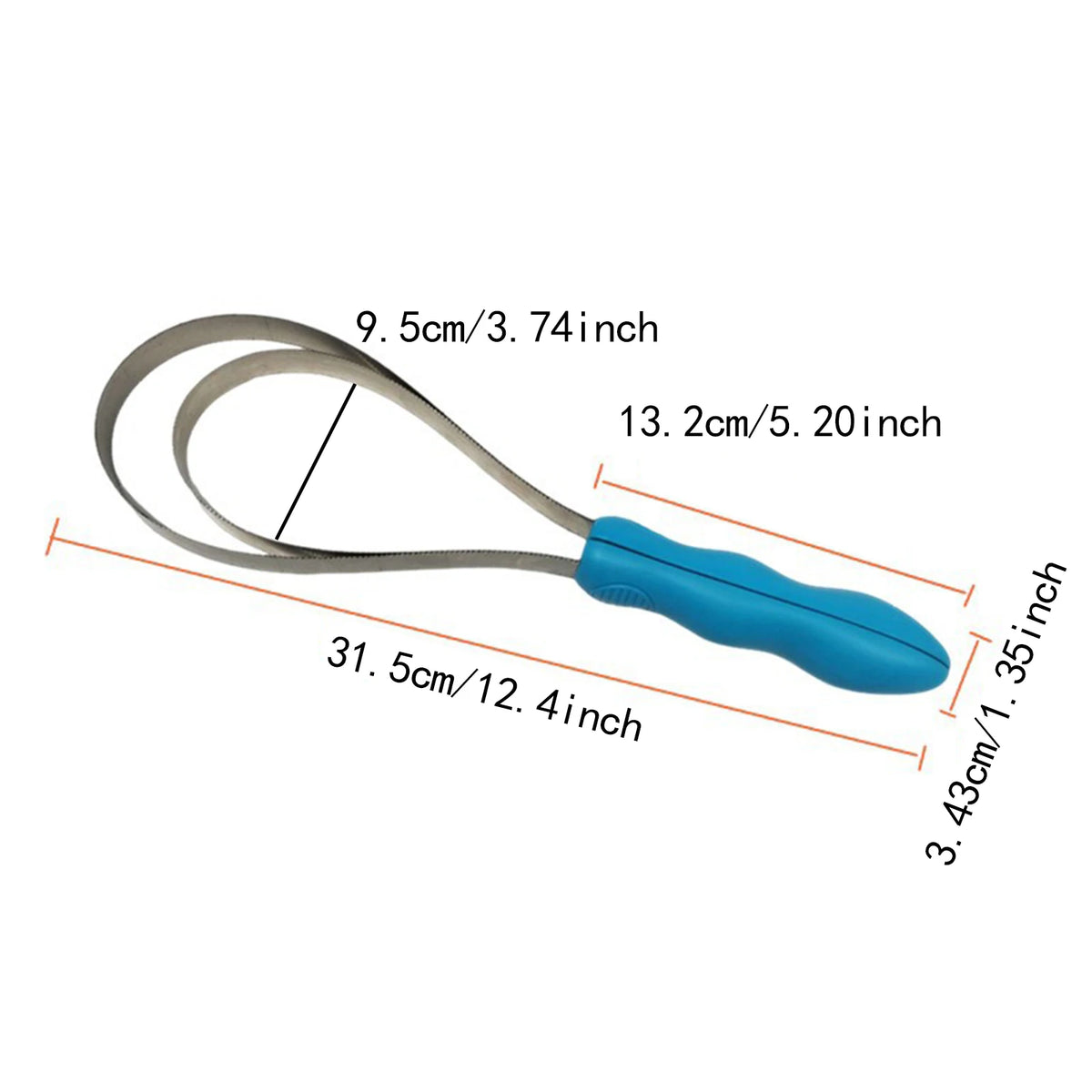 A silver and blue expandable dual-sided grooming comb for horses and pets shown with various measurements.