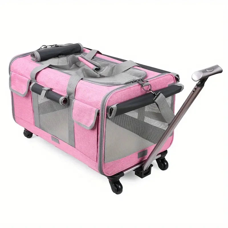 Porte-bagages portable rose extra-large pour animal avec enceinte grillagée grise et poignée.