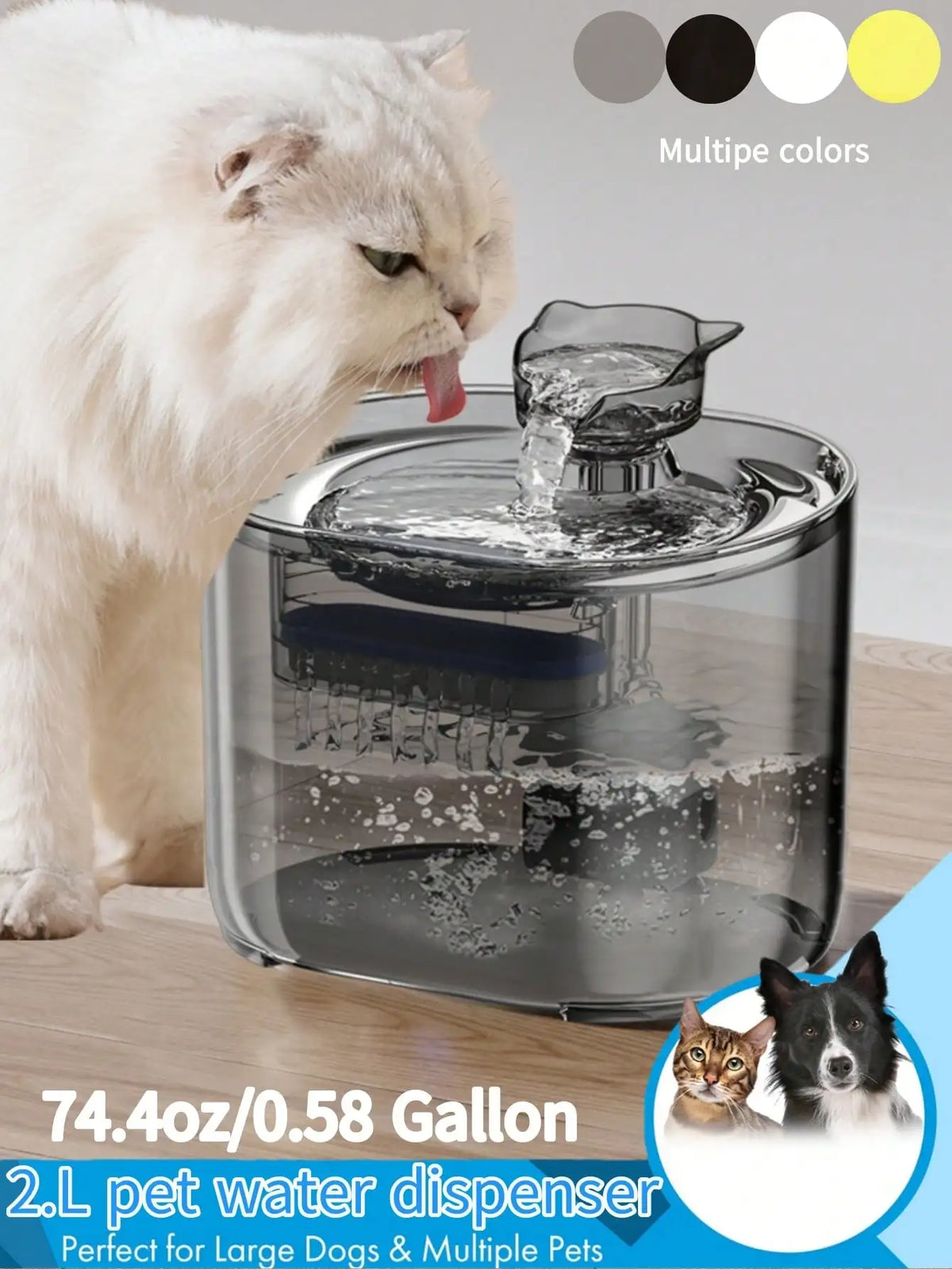 A white cat is drinking water from a glass pet water dispenser designed for large dogs and multiple pets.
