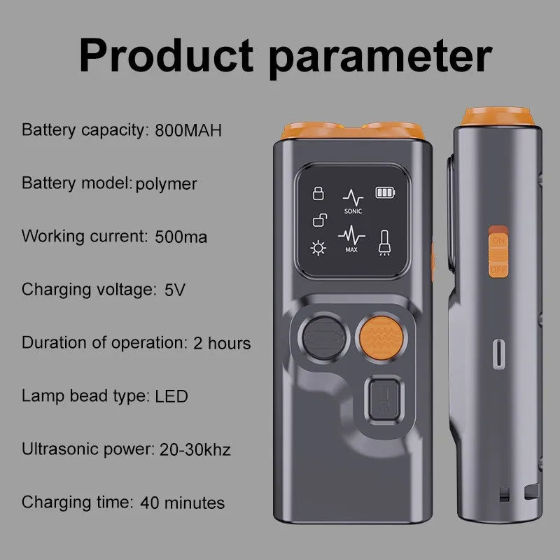 A silver rechargeable ultrasonic dog repeller device shown next to its battery and charging components.