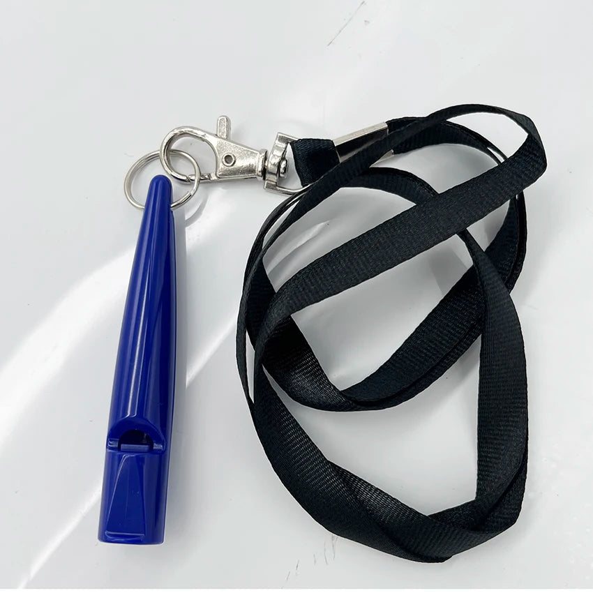 A blue ultrasonic dog training whistle attached to a silver lanyard.