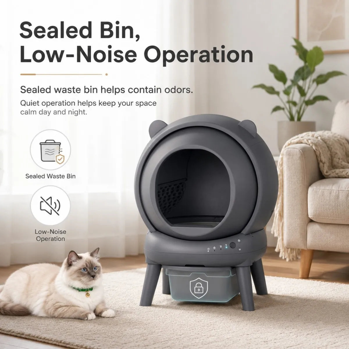 A gray sealed waste bin for cat litter with a low-noise operation feature, placed on a rug next to a cat.