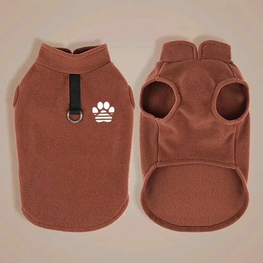 A pair of brown fleece dog sweaters with paw print designs shown side by side.
