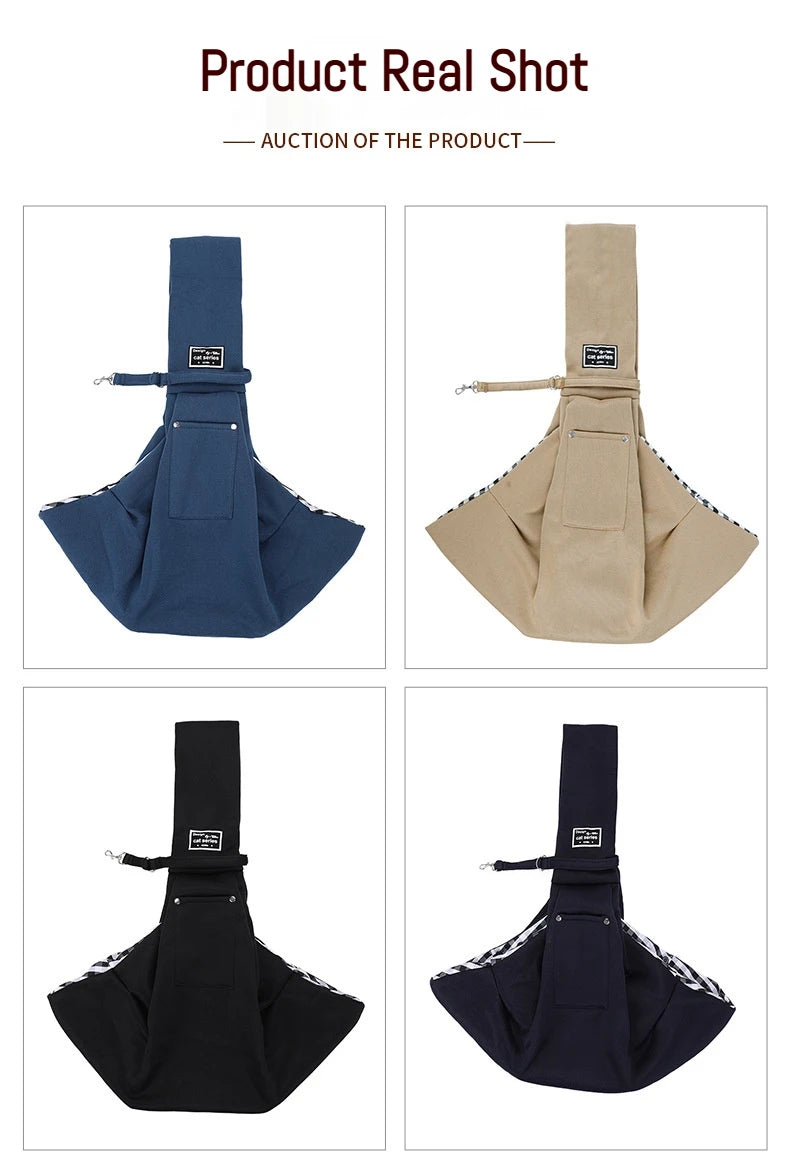 Three views of a portable pet carrier sling bag for cats and small dogs in navy, beige, and black.