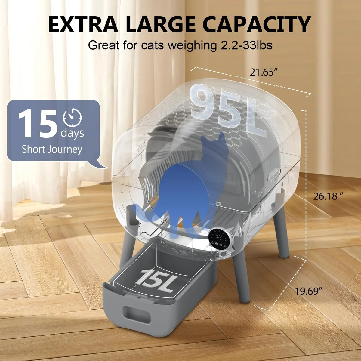 A clear plastic cat litter box with a lid and a removable tray is shown on a wooden floor.