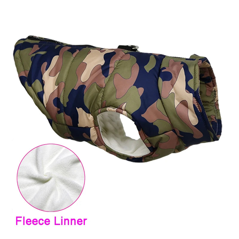 A camouflage padded dog jacket with a fleece inner lining shown next to a close-up of the fleece liner.