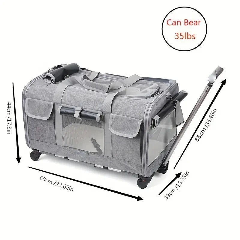 Transport portable pour animaux gris avec poignée et roues, supportant 35 lbs.
