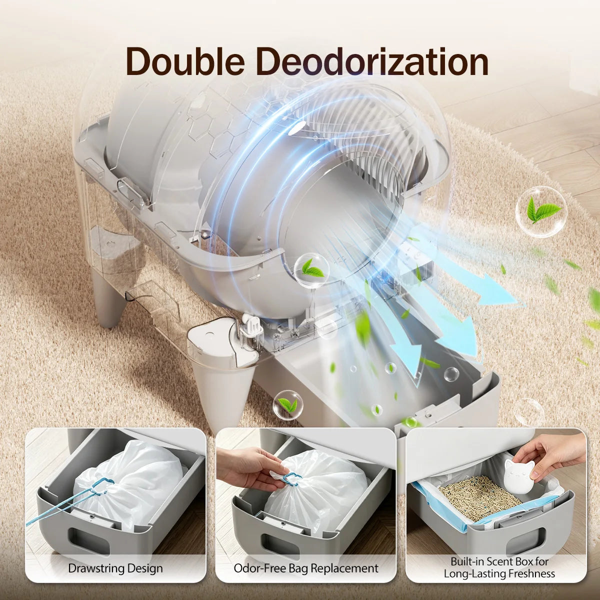 A gray automatic self-cleaning cat litter box with a double deodorization system and litter bag replacement features.