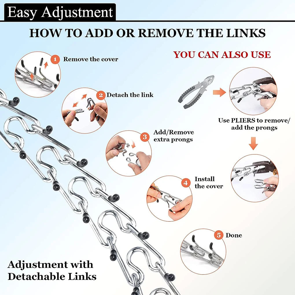 Instructions showing how to add or remove links on a reflective prong training collar for dogs