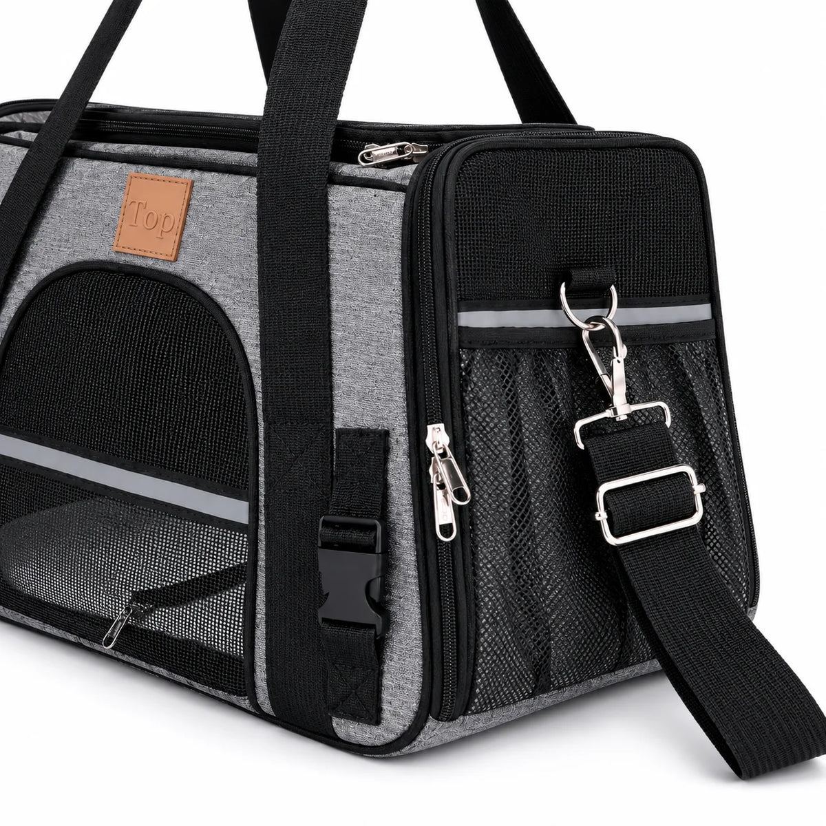 A black and gray breathable mesh pet carrier bag with a top handle and zipper.
