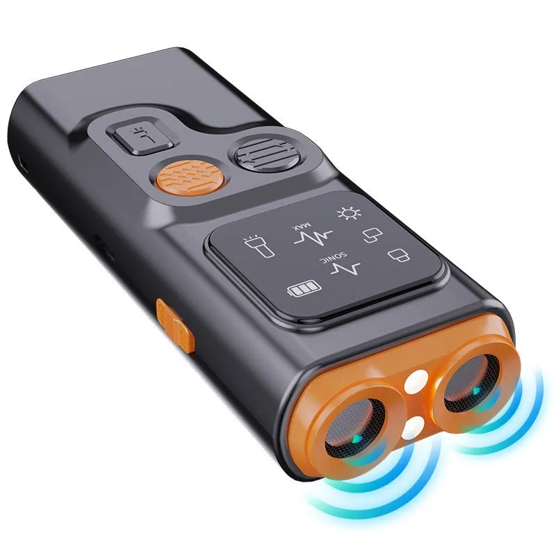 A black rechargeable ultrasonic dog repeller device with buttons and orange ports, emitting sound waves.