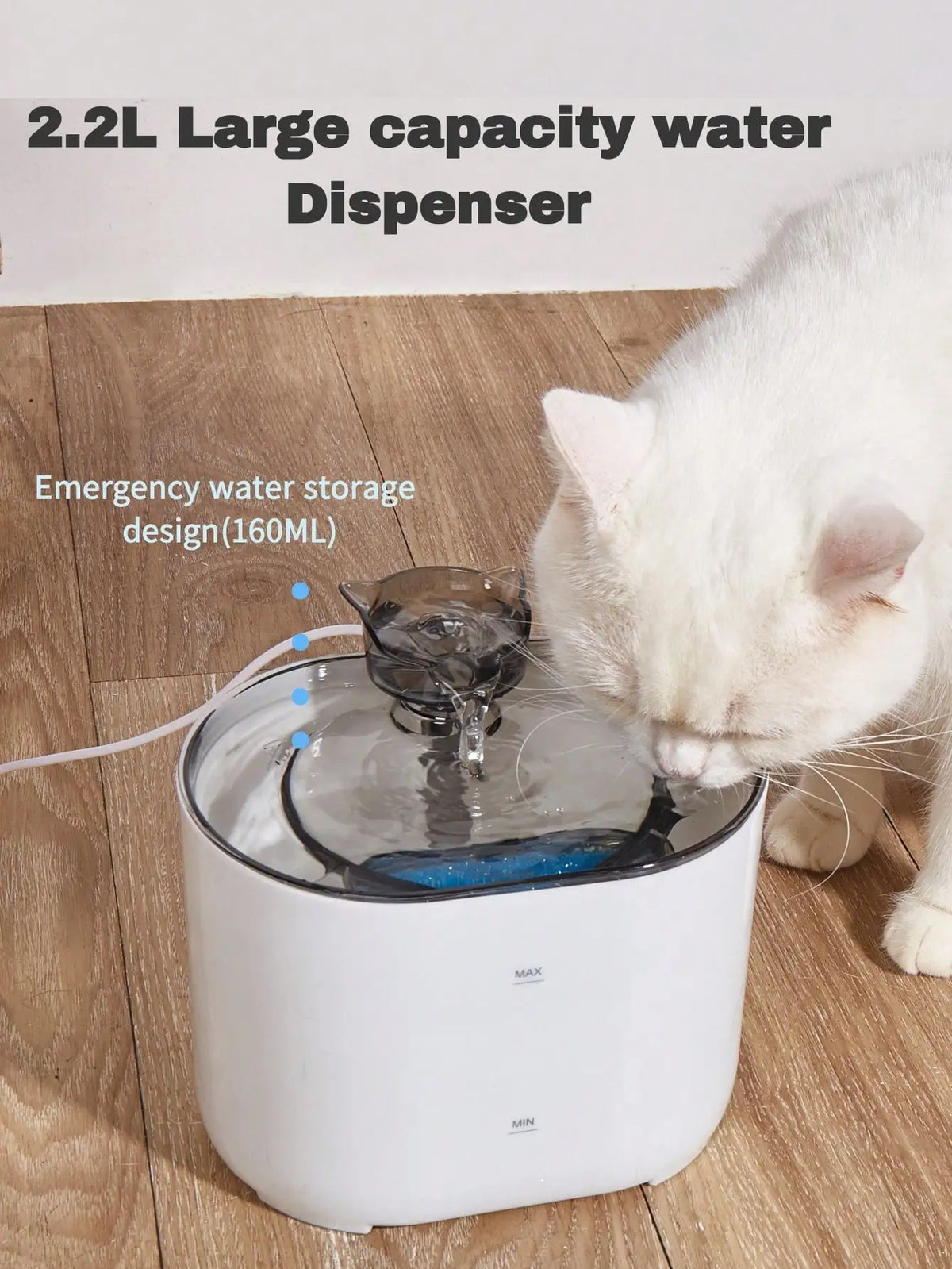 A white 2.2L large capacity water dispenser is shown with a cat drinking from it.